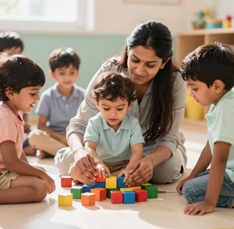 A warm eye-level portrait of a caring Indian teacher guiding a toddler with colorful wooden blocks on a clean, safe classroom floor, bright natural sunlight.