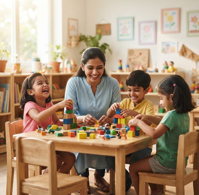 A bright candid photograph of happy Indian children and a smiling teacher engaged in hands-on play in a sun-drenched modern classroom, soft pastel accents, shallow depth of field.