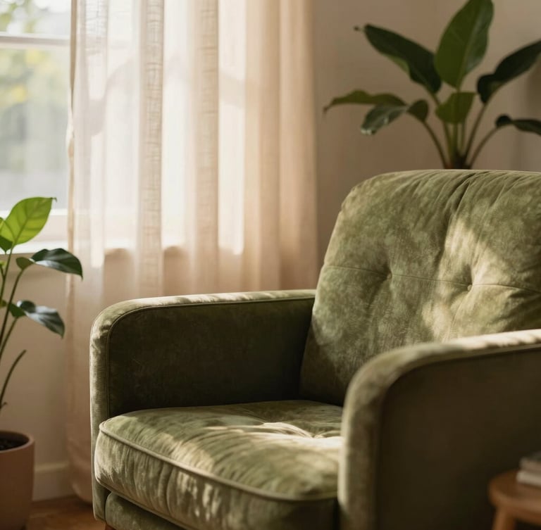 Close-up of a cozy reading corner with a green olive armchair, healthy house plants, warm morning light filtering through linen curtains, editorial photography