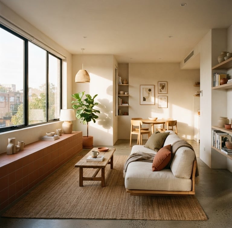 Wide-angle editorial interior shot of a sun-drenched minimalist apartment, warm golden-hour light casting soft shadows, terracotta details, 35mm photography