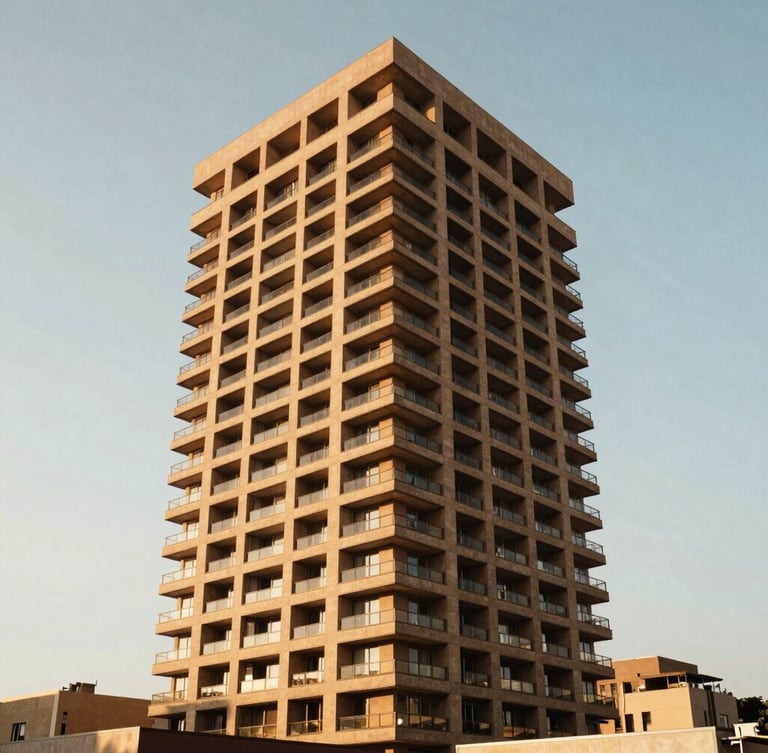 Wide architectural angle of a modern sustainable high-rise in Nairobi during golden hour, warm earth tones, bright natural sunlight, 35mm editorial photography.