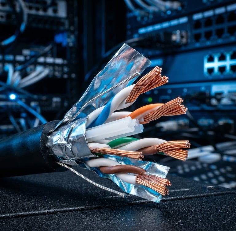 Close-up of high-performance CAT6 FTP network cable showing internal aluminum shielding layers and twisted copper pairs, crisp studio lighting with electric blue accents, technical backdrop