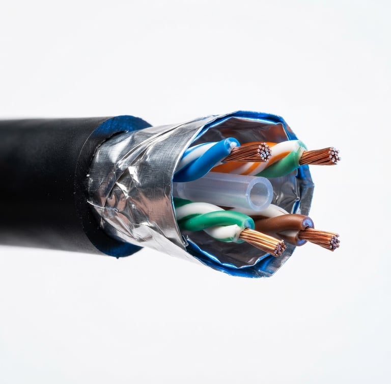 Macro close-up of a black CAT6 FTP cable showing its internal aluminum shielding layer and twisted copper-clad pairs, crisp studio lighting with electric blue rim-lights, clean technical white backdrop