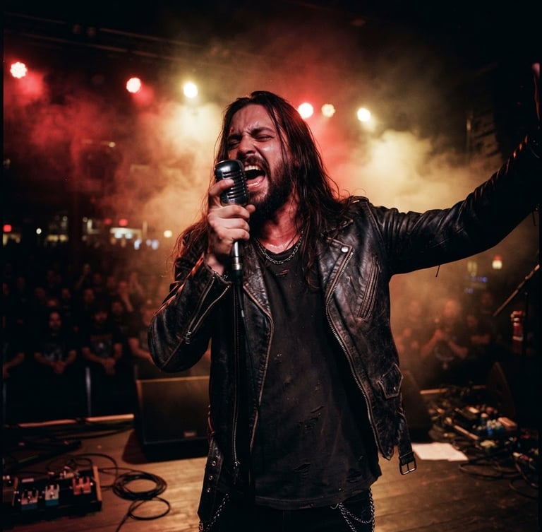 Low-angle dramatic concert shot of Falkon King singing intensely into a vintage microphone, backlit by aggressive crimson red and warm gold stage lights, smoke swirling, 35mm cinematic film style.