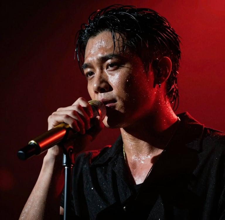 Dramatic close-up of Falkon King performing on stage under intense crimson backlighting, sweat glistening, holding a gold-plated microphone, high-contrast chiaroscuro
