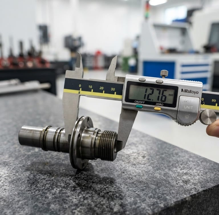 Close-up of digital calipers measuring a precision steel component under bright, neutral factory light, high-contrast industrial photography