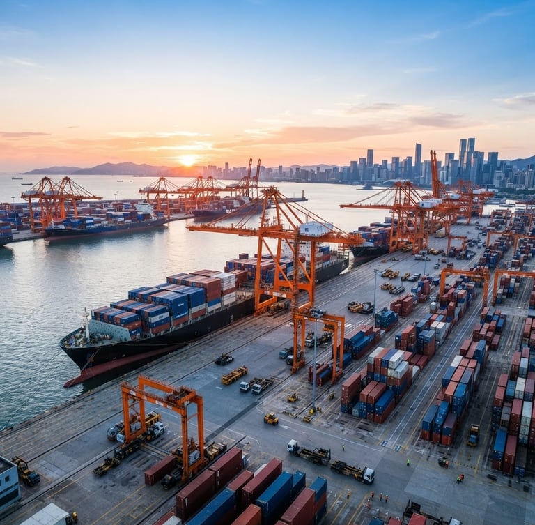 Wide environmental shot of Shenzhen container port at sunrise, massive orange cranes loading cargo ships, bright natural daylight, crisp industrial photography