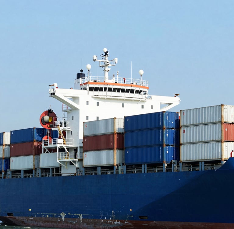 A massive container ship being loaded at the Port of Shenzhen under bright daylight, high-contrast, clean corporate blue tones
