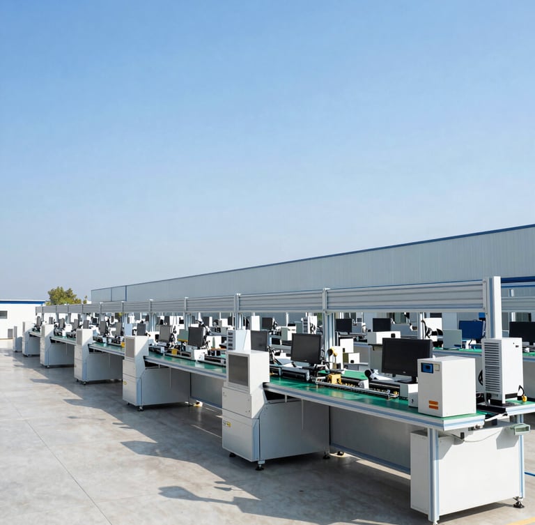 Wide environmental shot of a modern clean industrial electronics assembly line in Shenzhen, bright natural daylight, 35mm lens