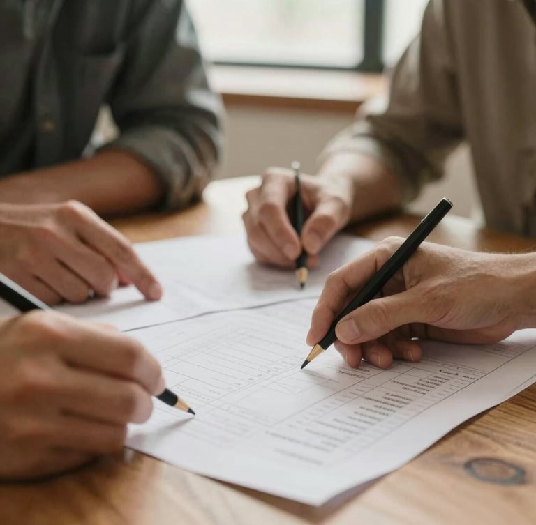 Close-up of hands planning over paper charts on a wooden table, natural warm light, soft focus, professional and collaborative atmosphere, earthy tones