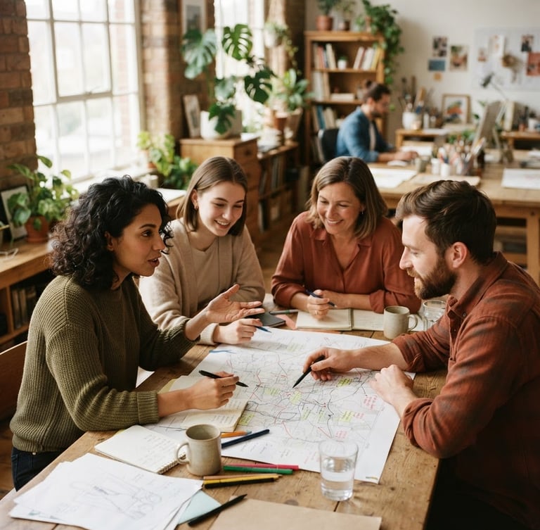A collaborative workspace with soft natural window light, team members in warm editorial conversation planning on paper, rich earthy tones, shallow depth of field, 35mm
