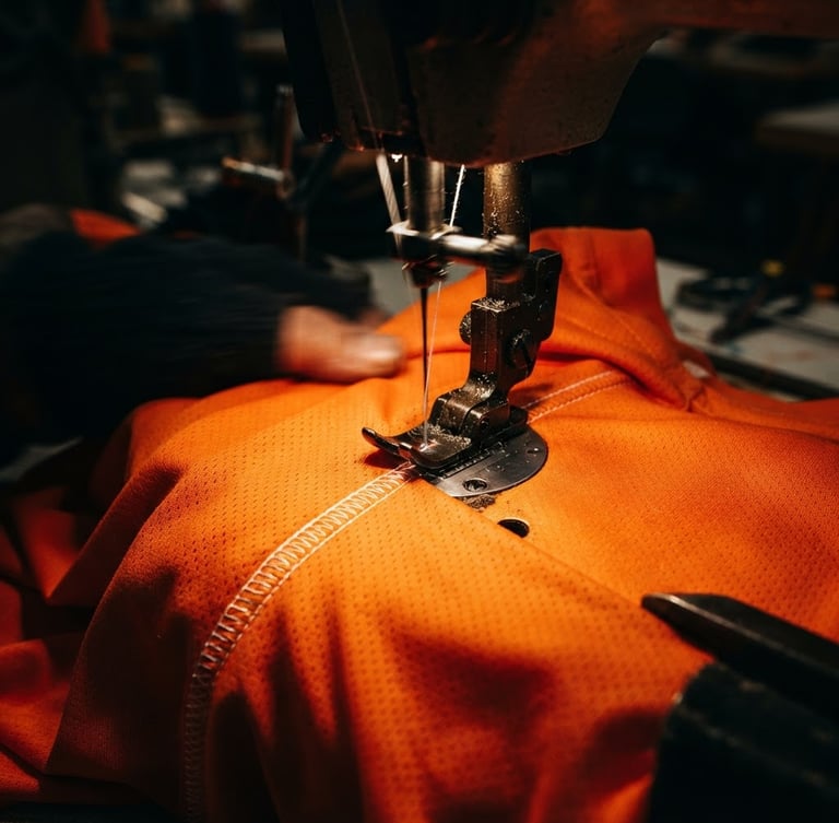 Macro shot of a high-speed industrial sewing machine stitching a vibrant orange athletic jersey, high-contrast studio lighting, deep shadows, rich saturated colors, 35mm lens
