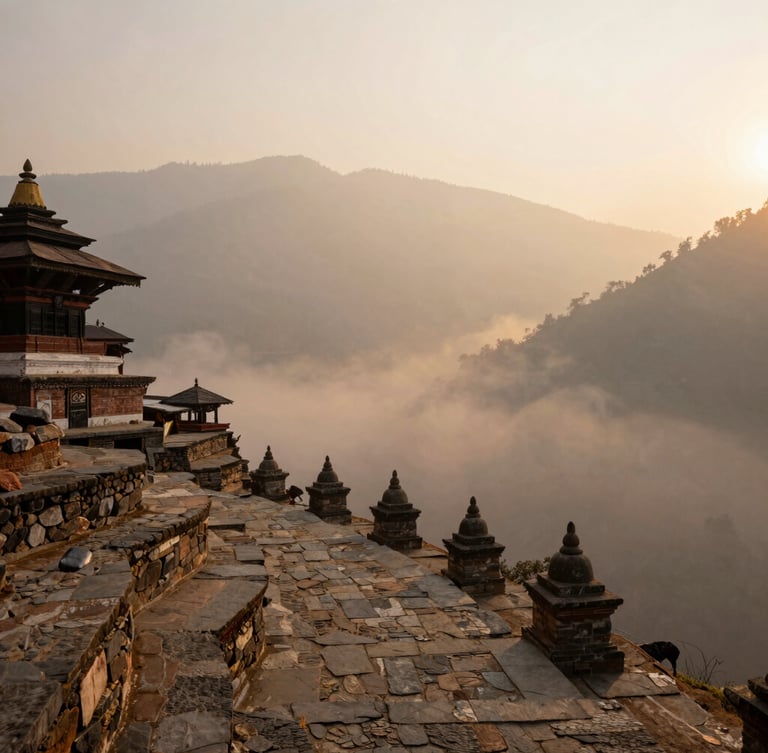 Misty mountain valley in Nepal at sunrise, ancient stone temple steps curving into the morning fog, soft golden hour light, atmospheric travel photography