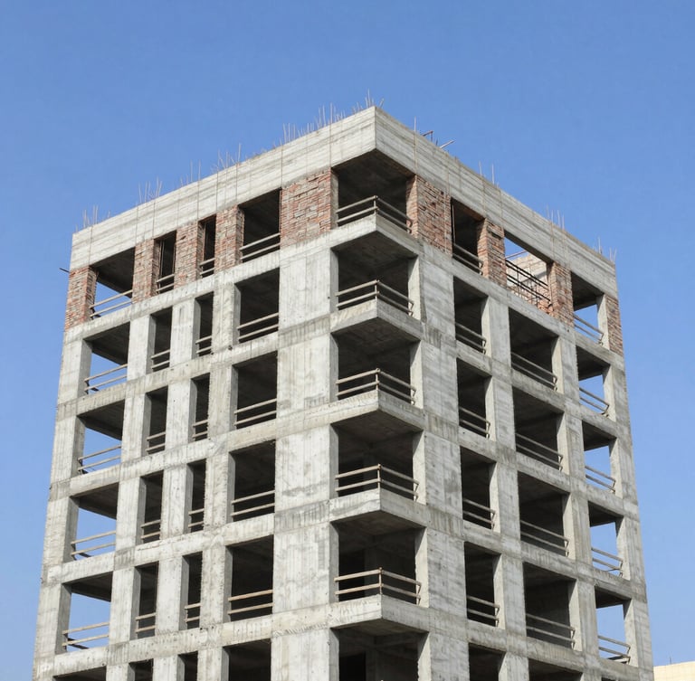 Wide environmental shot of a multi-story residential building undergoing structural concrete repair, professional architectural photography, bright natural daylight, clean blue skies, realistic construction site, sharp focus, 35mm lens