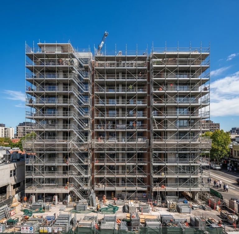 Wide shot of a multi-story residential building undergoing structural renovation, with clearly organized scaffolding, bright natural daylight, clean blue skies, sharp focus, professional architectural photography.