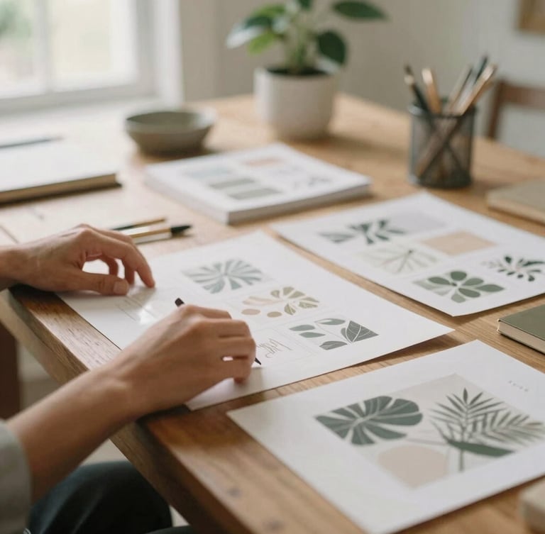 A warm editorial photograph of a beautifully styled creative workspace, hands arranging design layouts on a wooden table, soft Florida daylight, elegant muted tones, shallow depth of field, 35mm film
