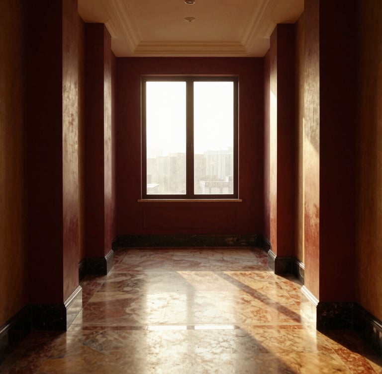 Symmetrical architectural shot of a luxury hotel corridor with soft golden-hour window light casting long shadows on polished marble floors