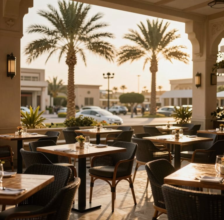 Wide environmental shot of a sunlit outdoor restaurant terrace in New Cairo, elegant wooden tables, palm trees, warm golden hour light, shallow depth of field, 35mm lens