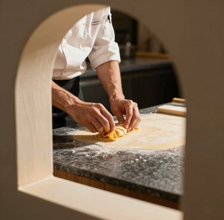 Close-up of hand-made pasta being plated on a dark stone counter, chef hands visible, warm dramatic side light, 35mm lens