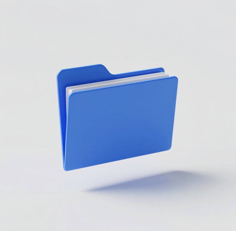 Minimalist 3D render of clean geometric file folders floating in high-key studio light, crisp corporate blue and slate gray tones, isometric view