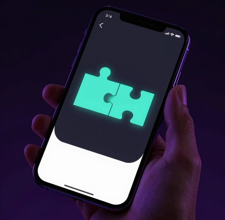 Sleek dark-mode product photography of a modern smartphone screen displaying a minimalist neon-cyan puzzle game interface, held by a hand, moody low-key studio lighting with deep violet edge-reflections.