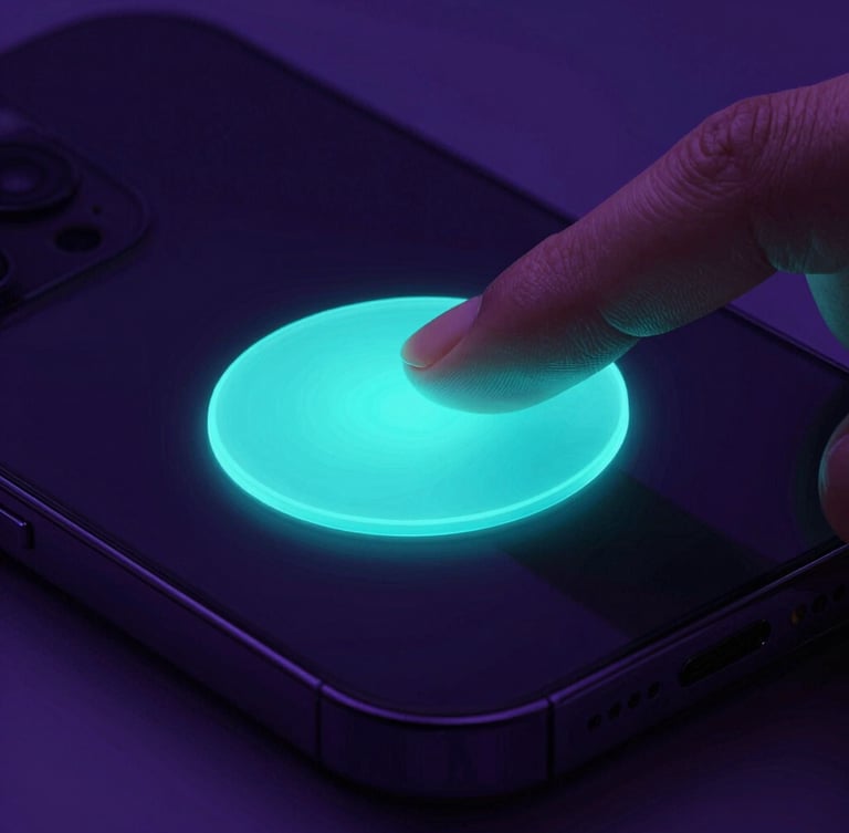 Macro shot of a finger tapping a glowing neon cyan button on a dark smartphone screen, high-contrast, moody studio lighting with deep violet shadows