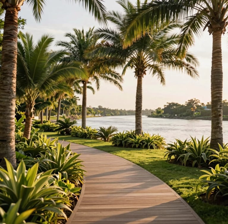 Lush green resort garden pathway leading to the riverbank, tall palm trees and tropical foliage, soft golden hour sunlight filtering through leaves, peaceful atmosphere