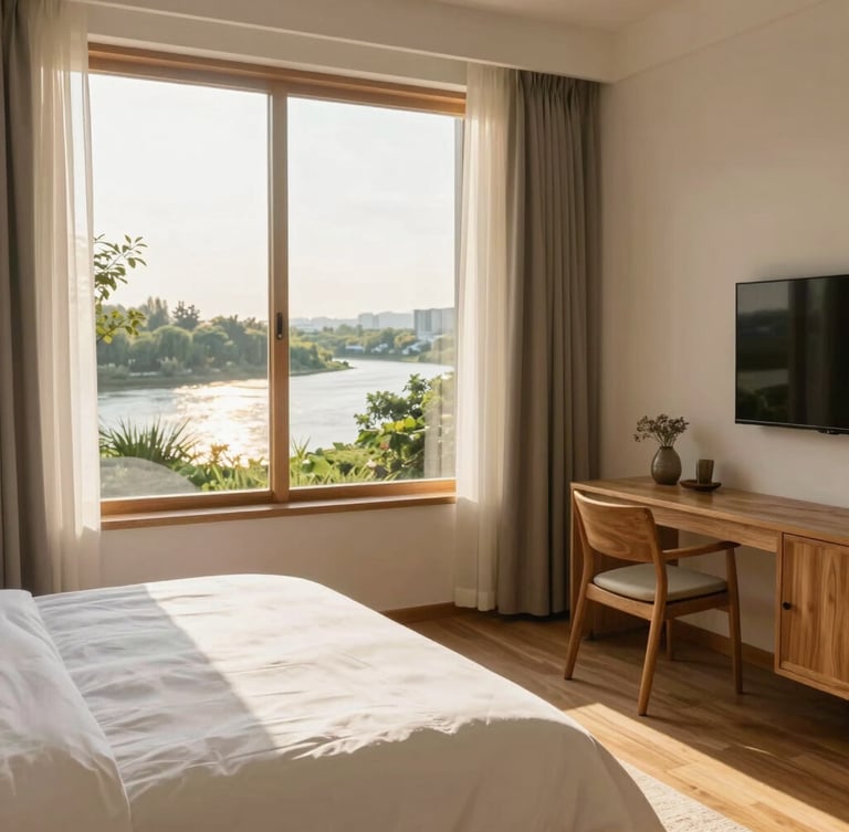 Clean and bright resort bedroom interior with soft sunlight streaming through a large window, wooden furniture, warm cozy atmosphere, 35mm lens