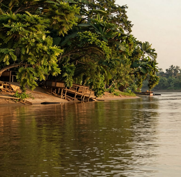 Warm editorial photograph of Mae Klong riverbank at golden hour, lush green trees reflecting on the calm water surface, soft natural light, 35mm lens