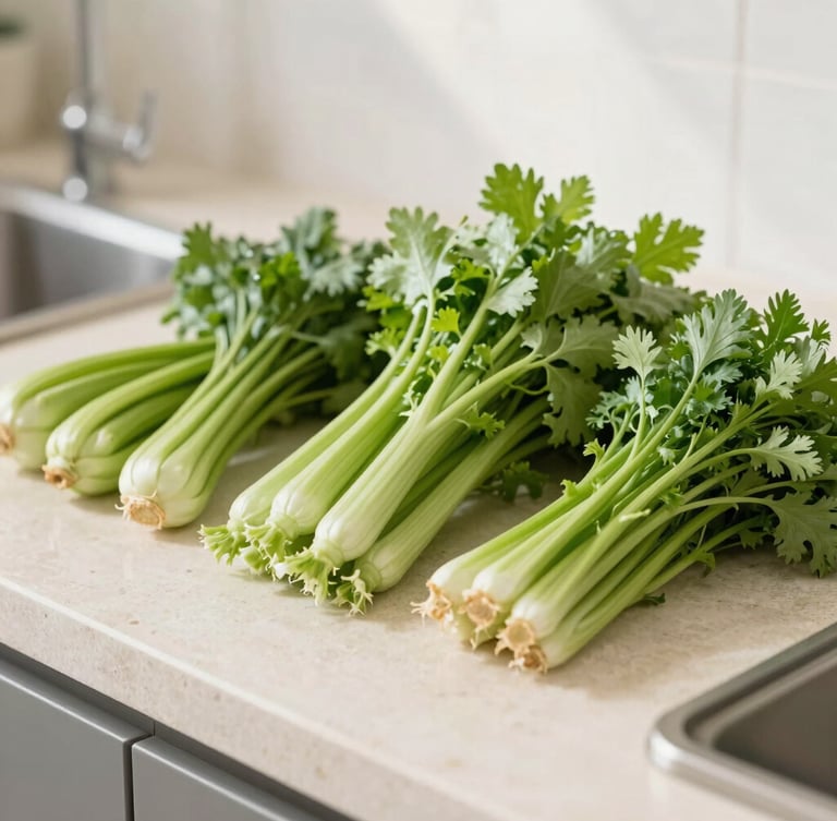 Bright editorial food photography, fresh vibrant green herbs, crisp vegetables arranged on a light stone counter, soft natural morning light, shallow depth of field