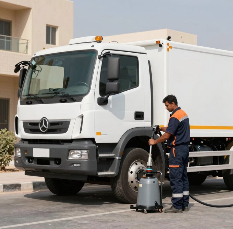A modern professional Saudi service truck parked in a bright Riyadh residential area, a technician in a clean navy and orange uniform setting up a heavy-duty hydro-jetting machine with high-pressure hose visible, clear daylight.