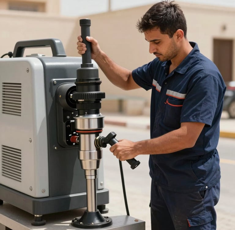 A professional technician in a clean navy blue uniform operating a heavy-duty German hydro-jetting machine, Riyadh daylight, sharp focus on the metallic nozzle and control panel.