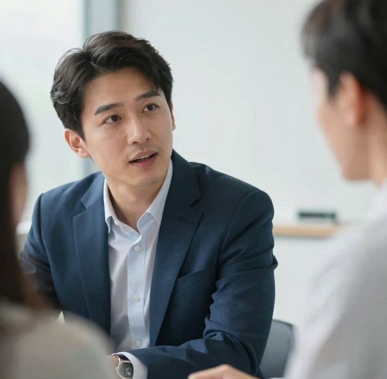 Close-up of a professional in natural, expressive conversation during a meeting, bright natural daylight, shallow depth of field