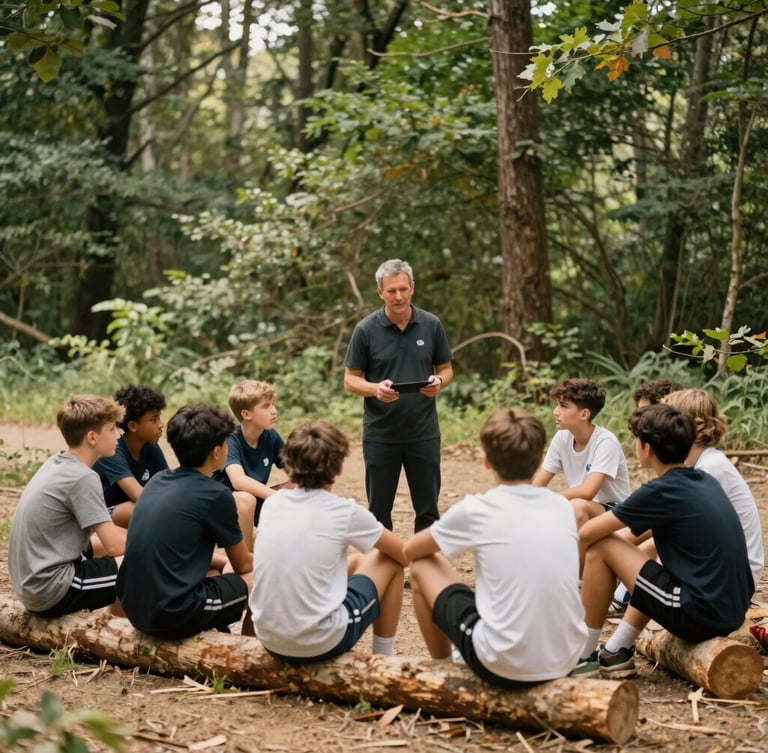 Candid shot of a coach mentoring a small group of young athletes sitting on logs in a forest clearing, soft daylight, warm editorial photography, 35mm.
