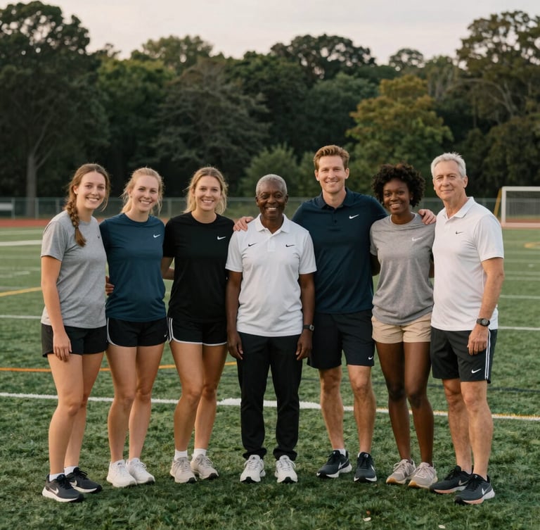 A warm portrait of a diverse coaching team standing together on an outdoor athletic field at twilight, soft evening field lighting, authentic smiles, 35mm.
