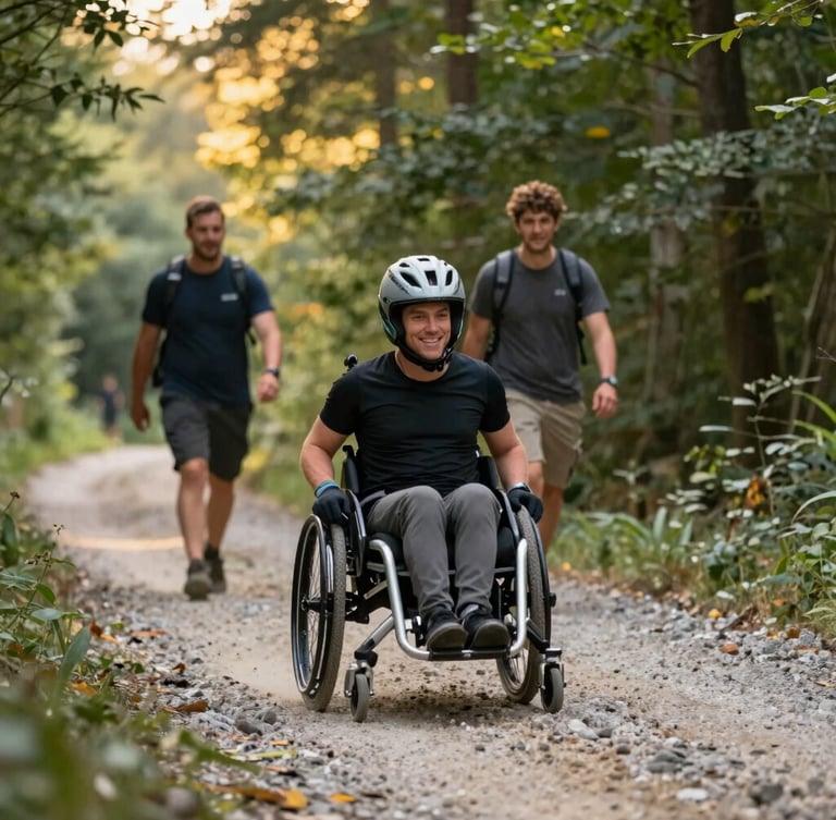 An adaptive athlete in an all-terrain racing wheelchair navigating a gravel trail alongside two volunteer guides, smiling, golden hour light filtering through forest trees.
