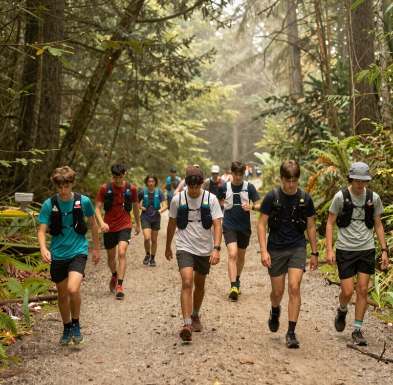 A wide environmental shot of a diverse group of youth trail runners navigating a misty forest path in the Pacific Northwest, warm overcast lighting, 35mm photography.