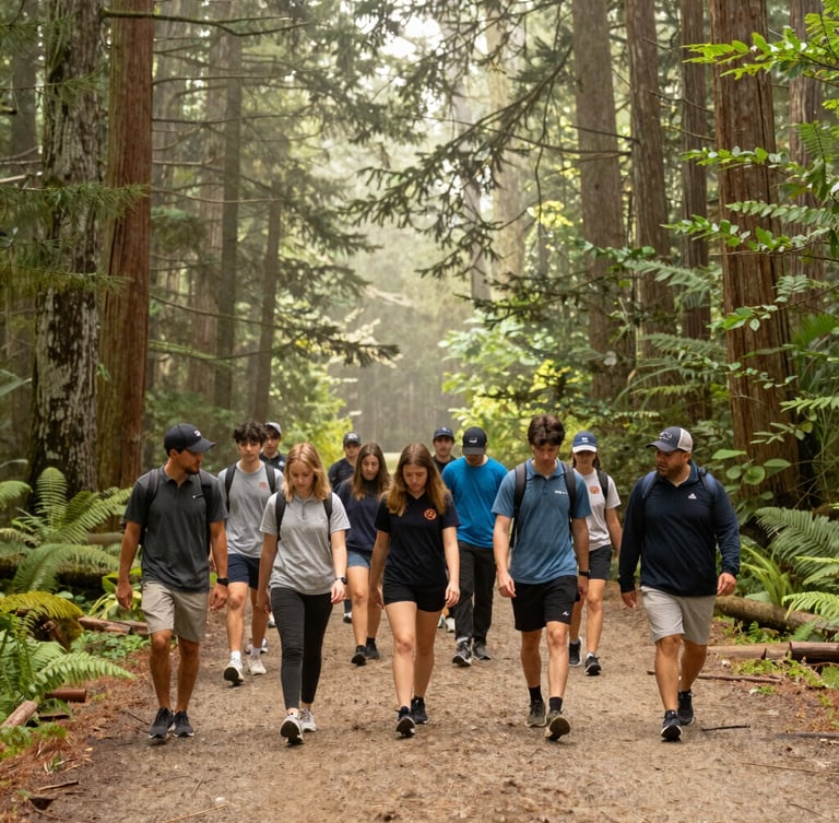 A diverse group of youth athletes and coaches walking together on a misty Pacific Northwest forest trail during a morning leadership camp, tall pine trees, soft overcast daylight.