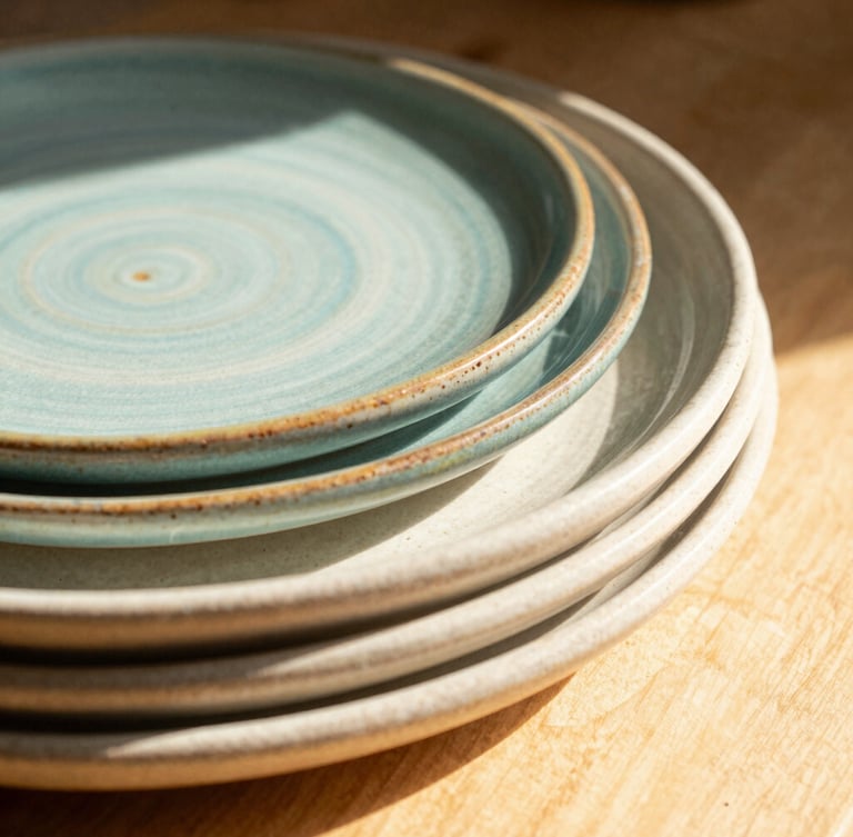 Tactile close-up of colorful glazes pooling on the rim of stacked stoneware plates, warm morning sunlight, shallow depth of field, 35mm