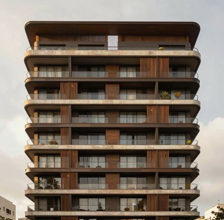 Elegant modern architectural facade of a luxury residential building in Porto Alegre, soft overcast daylight, rich warm tones, deep shadows, high-end editorial 35mm photography