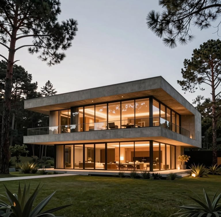 Wide architectural angle of a modern concrete and glass luxury villa in Gramado, surrounded by pine trees, warm evening interior lights glowing, soft overcast twilight, elegant architectural photography, 35mm