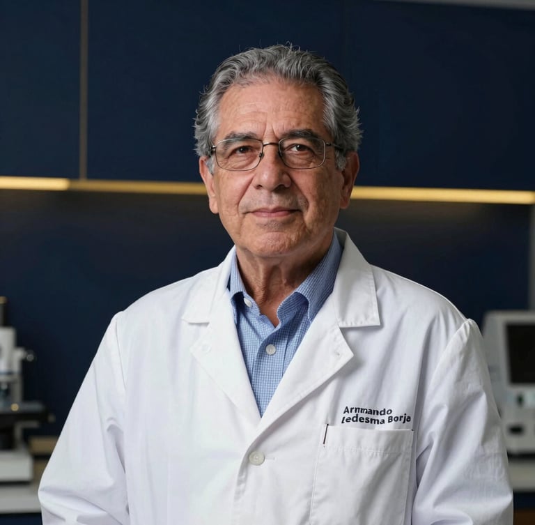 Dignified studio portrait of Dr. Armando Ledesma Borja, a senior researcher in deep focus, cool crisp laboratory lighting, dark navy background, minimal gold accents, 35mm editorial photography.