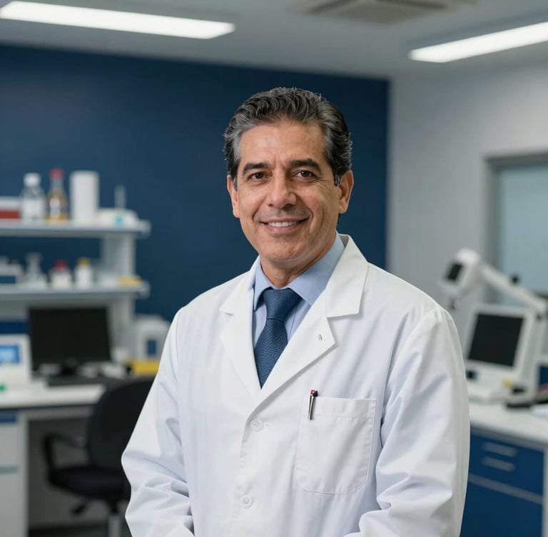 Dignified professional portrait of Dr. Armando Ledesma Borja in a modern academic office, cool crisp lighting, deep navy background, sharp focus, 35mm
