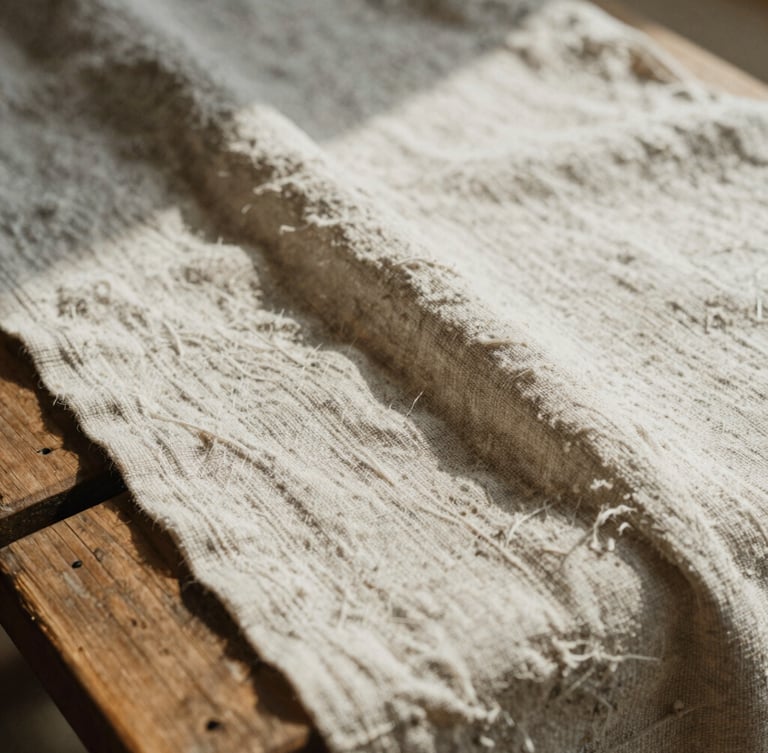 A close-up macro shot of textured linen textiles resting on a rustic wooden bench, soft natural morning light casting gentle shadows across the weave, warm neutral tones, 35mm film aesthetic.