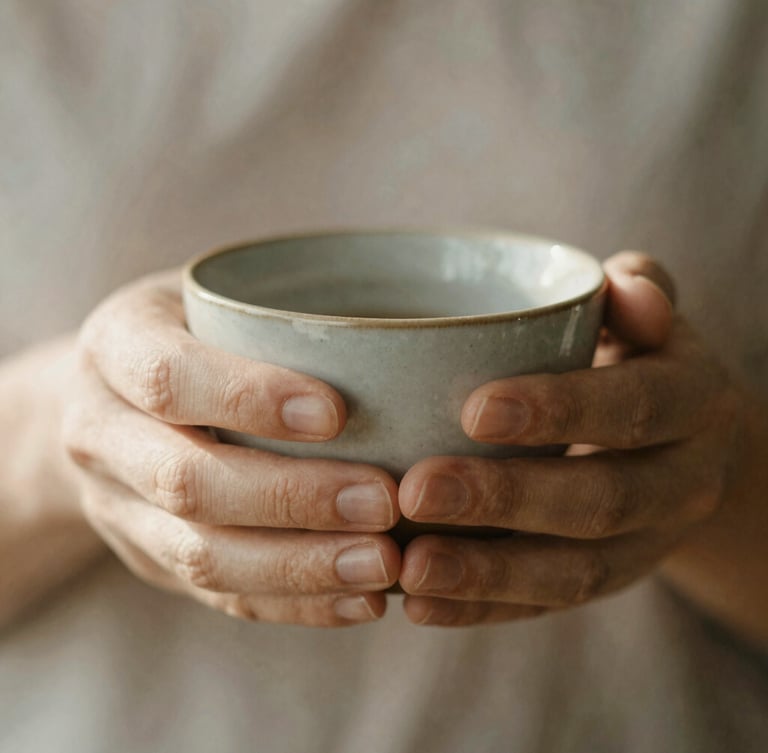 A close-up macro shot of hands holding a warm ceramic cup, soft natural morning daylight, muted earth tones.