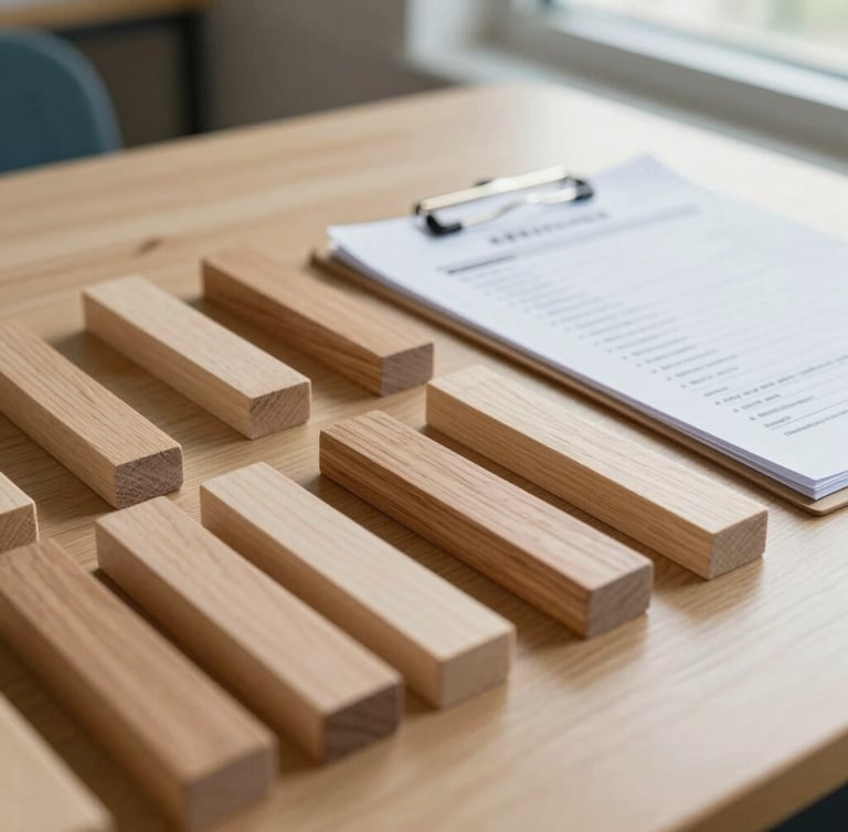 A close-up of organized wooden assessment blocks and a clean clinical protocol sheet on a light oak table, bathed in soft, indirect natural daylight from a nearby window.