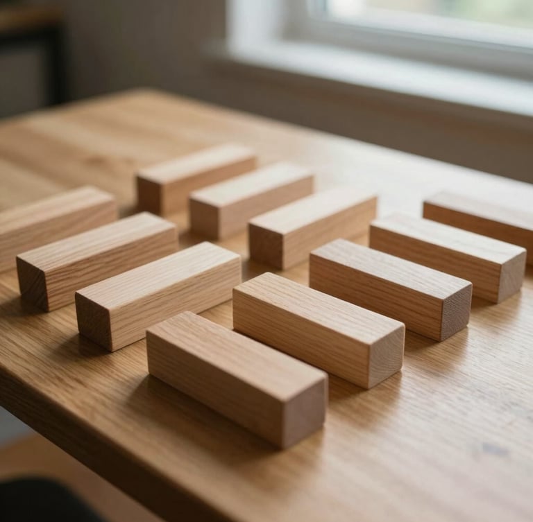 A close-up shot of wooden developmental assessment blocks neatly arranged on a light oak table, soft indirect daylight from a nearby window, quiet focus.