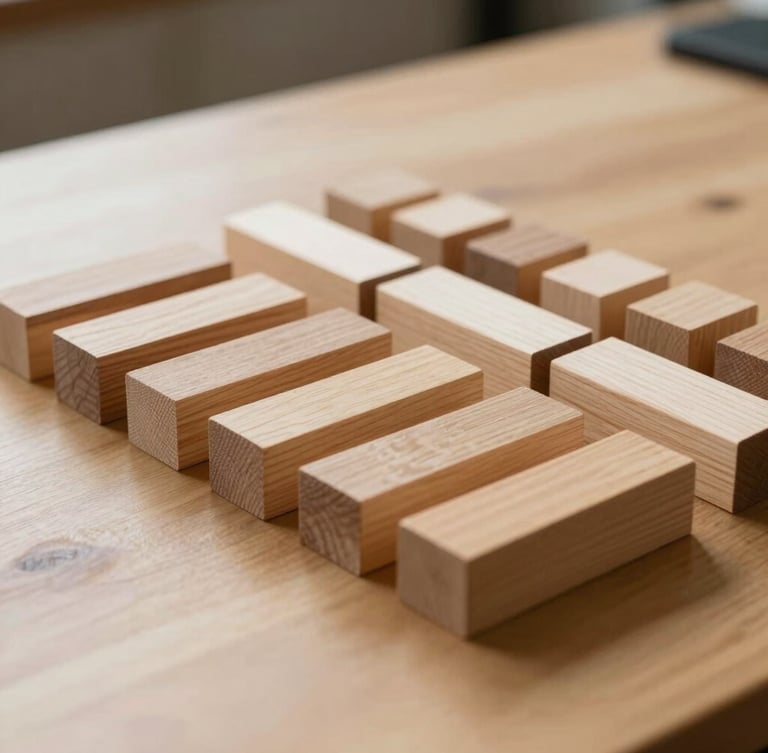 Close-up of organized wooden assessment blocks arranged neatly on a light wood table, soft natural side lighting.