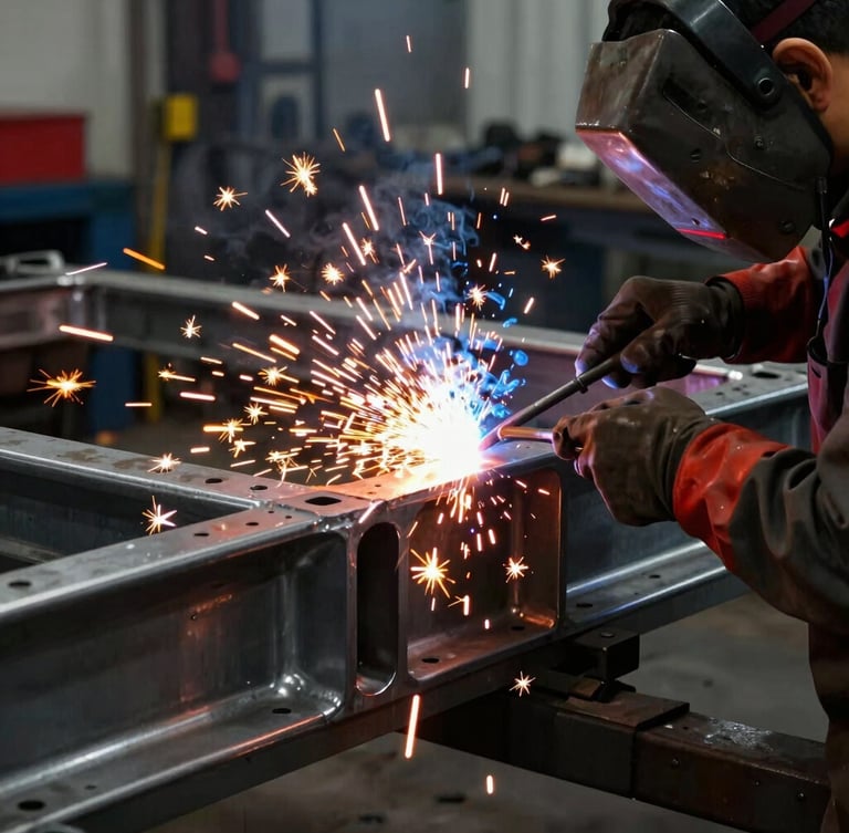 Close-up of a professional metalworker welding a steel truck chassis in a workshop, bright orange sparks, dramatic high-contrast industrial lighting, 35mm