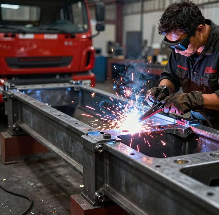 High-contrast industrial photography, dramatic workshop lighting with welding sparks, a heavy-duty steel truck chassis being welded by a professional fabricator, metallic gray and signal red tones, sharp details, 35mm